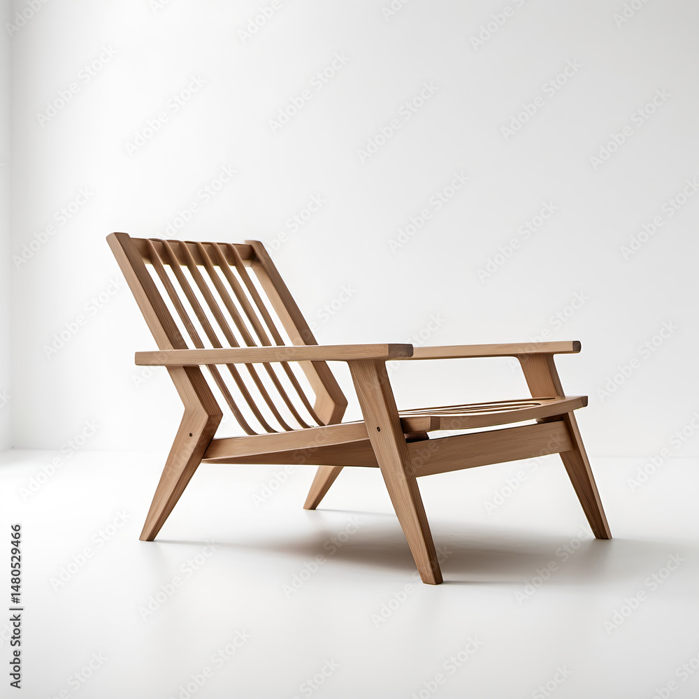 Minimalist wooden lounge chair with clean lines, placed on a pure white background Minimalist wooden lounge chair with clean lines, placed on a pure white background