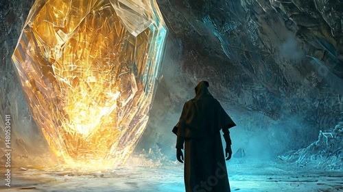 The Crystal Cave: A lone figure stands before a radiant, golden crystal deep within an icy cave.
