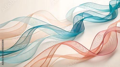 Wavy pastel silk ribbons flowing gracefully across a soft white background