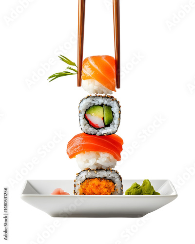 Isolate transparent Delicious sushi stacked with vibrant colors. Png die-cut on transparent background for versatile visual design use