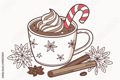 45 detailed photo, 4k, high resolution, high quality, food, holiday, winter, christmas, mug, hot chocolate, whipped cream, candy cane, stars, cinnamon sticks, anise, realistic