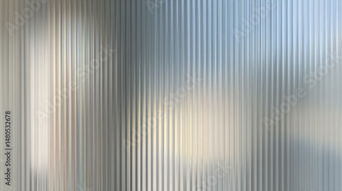 Abstract backdrop of textured glass pane with wavy, rippled surface creating distortion. Frosted metallic material and bokeh light pattern for design. Privacy concept.