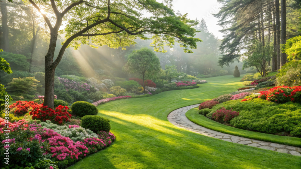 Obraz premium Lush Green Garden with Flower Beds and Sunlit Trees