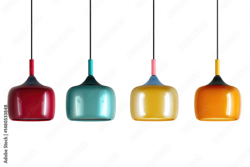 Naklejka premium Four colorful pendant lights hanging against a black background in a studio lighting setup view