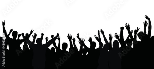 Vector silhouette of a cheering crowd with hands in the air - concert, festival, sport fans