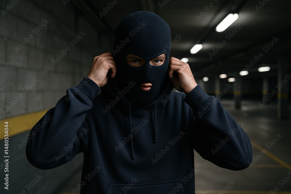 Mysterious Figure Adjusts Balaclava in Dark Parking Garage, evoking themes of anonymity, suspense, and potential danger in an urban setting. Mysterious Figure Adjusts Balaclava in Dark Parking Garage, evoking themes of anonymity, suspense, and potential danger in an urban setting.
