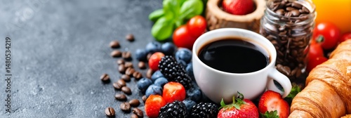 Wallpaper Mural Delicious Breakfast with Coffee and Berries - A tempting breakfast scene featuring a cup of coffee, fresh berries, a croissant, and coffee beans. Perfect for a healthy start to the day Torontodigital.ca