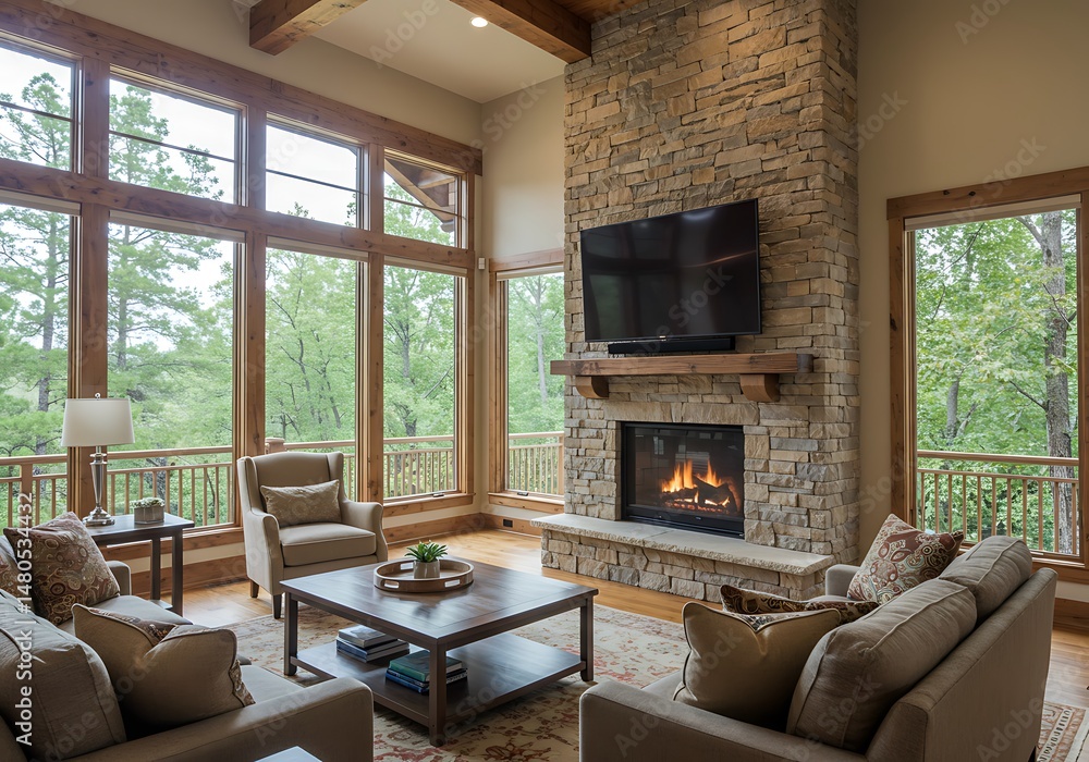 Fototapeta premium Living room interior with stone fireplace, large windows and comfortable furniture
