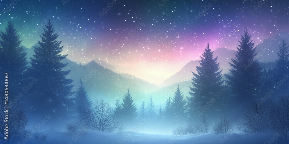 Naklejka premium Serene Winter Wonderland Landscape Magical Snowy Forest at Night Under a Starry Sky Misty Mountains and Evergreen Trees Create a Peaceful Scene