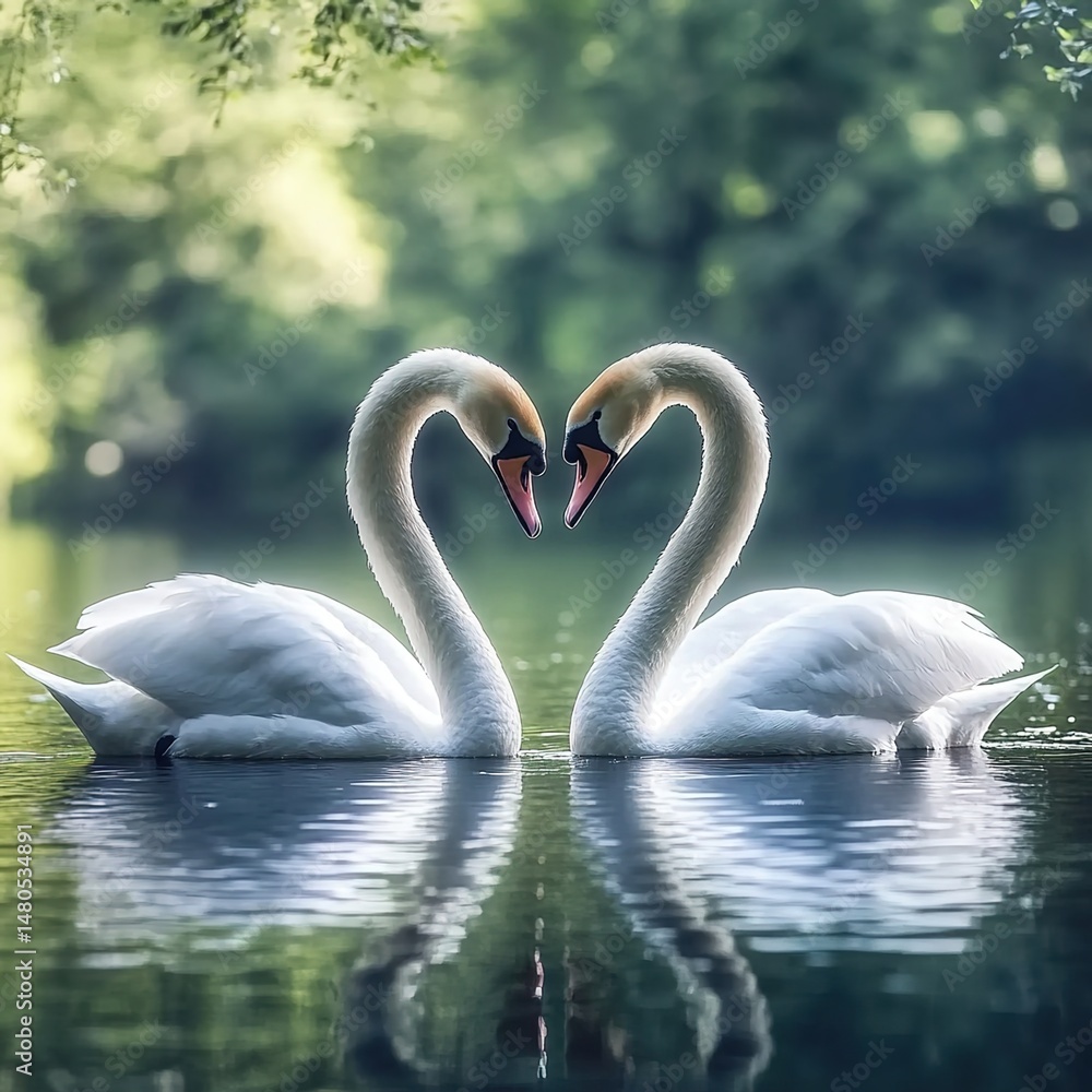 Fototapeta premium Two swans forming a heart shape with their necks on a calm lake
