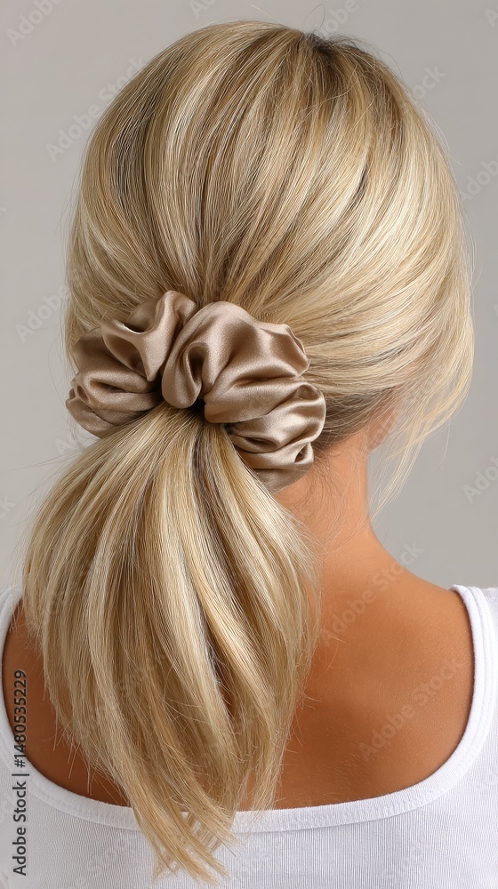 Naklejka premium Elegant blonde woman showcases a stylish high ponytail with a white satin scrunchie in a sophisticated setting
