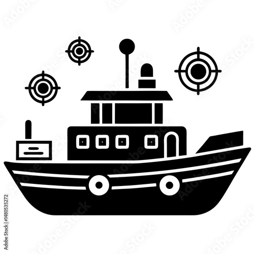 Fishing boat with targets silhouette vector illustration