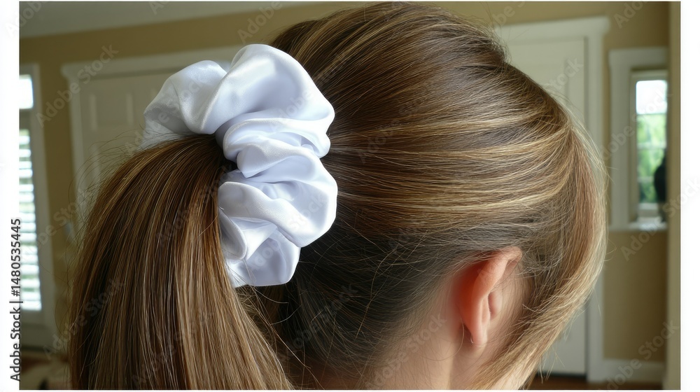 Fototapeta premium Elegant blonde woman showcases a stylish high ponytail with a white satin scrunchie in a sophisticated setting