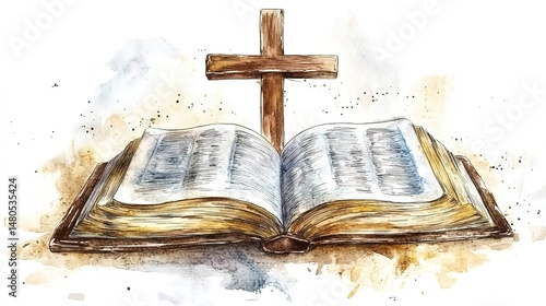 Watercolor illustration of an open Bible with a wooden cross