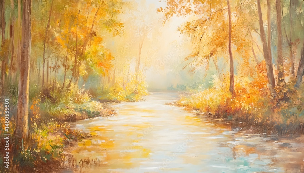 Obraz premium Autumnal forest stream scene painted in soft colors.