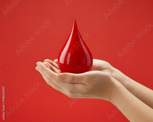 Red Blood Drop Held in Gentle Hands Against Red Background
