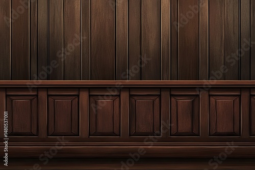 Dark wood paneling with decorative baseboard.  Detailed wood grain and paneling design