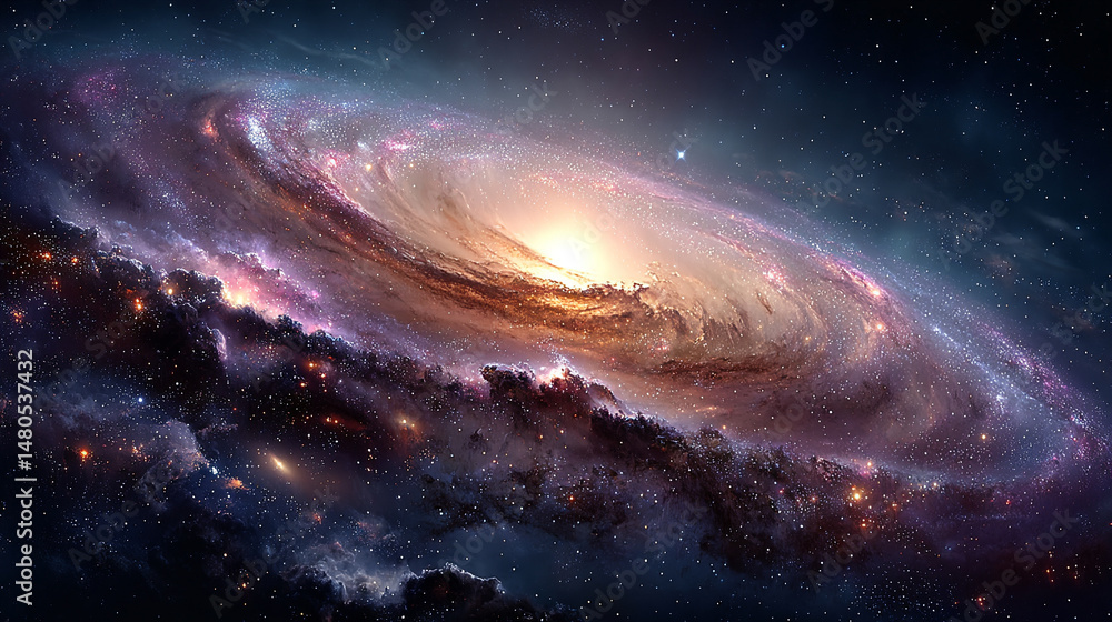 Fototapeta premium A colorful spiral galaxy swirling in the vastness of space, with vibrant hues of blues, purples, and pinks. The dynamic spiral arms of the galaxy create a captivating and energetic cosmic scene, evoki