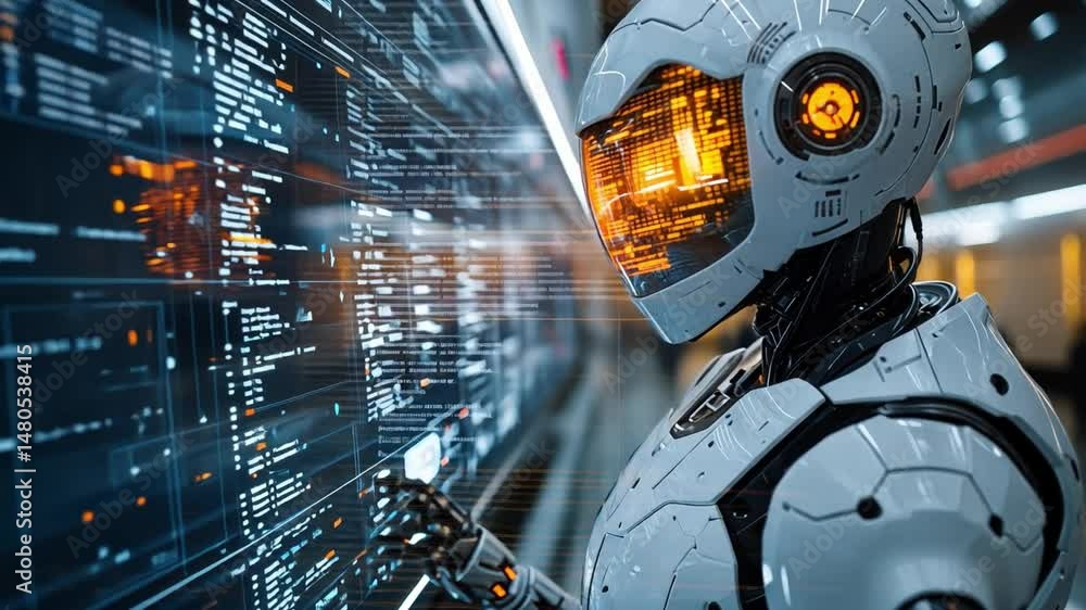 Robotic AI and Data Processing: A futuristic robot gazes at an array of data, representing the advancement of technology in the digital age. Robotic AI and Data Processing: A futuristic robot gazes at an array of data, representing the advancement of technology in the digital age.