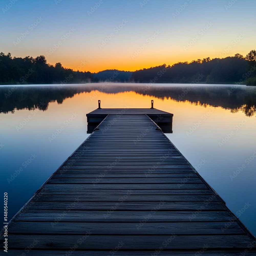 Fototapeta premium Lake at Sunrise with Wooden Dock and Mirror Reflection