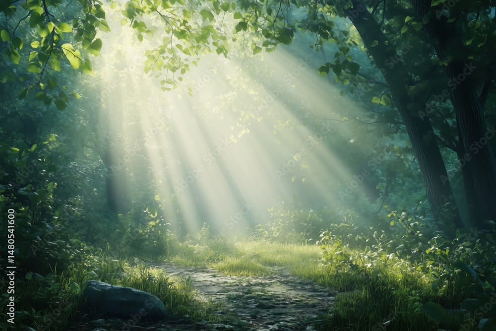 Obraz premium Photorealistic forest with sunbeams breaking through fresh green leaves