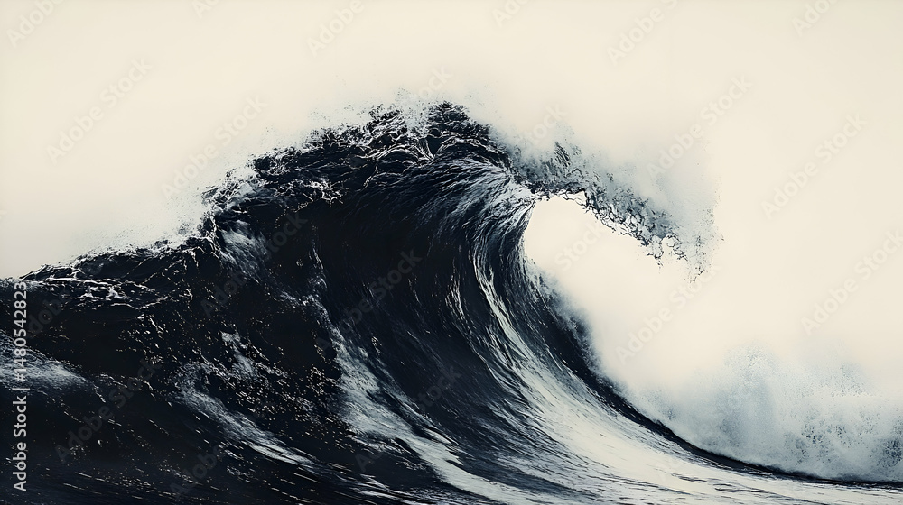 Obraz premium Powerful ocean wave, dramatic cresting, against pale background.