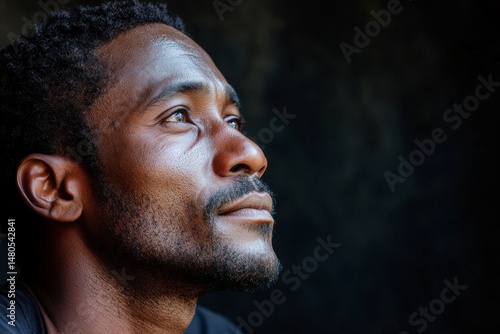 A thoughtful young man gazes upwards, lost in contemplation; his expression is one of quiet reflection and inner peace, against a dark background.