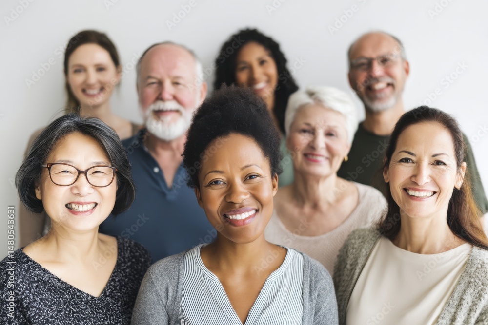 Diverse group portrait of happy mature adults smiling together in studio setting; eye-level shot of multiethnic people showing unity and positive emotion Diverse group portrait of happy mature adults smiling together in studio setting; eye-level shot of multiethnic people showing unity and positive emotion