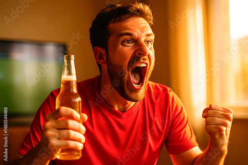 Man cheering passionately while watching soccer with beer