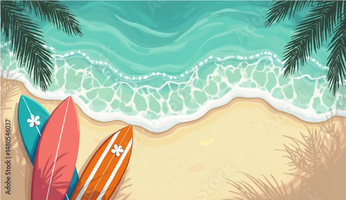 Vector illustration of multiple surfboards standing upright underwater with sunlight shining through the water surface.

