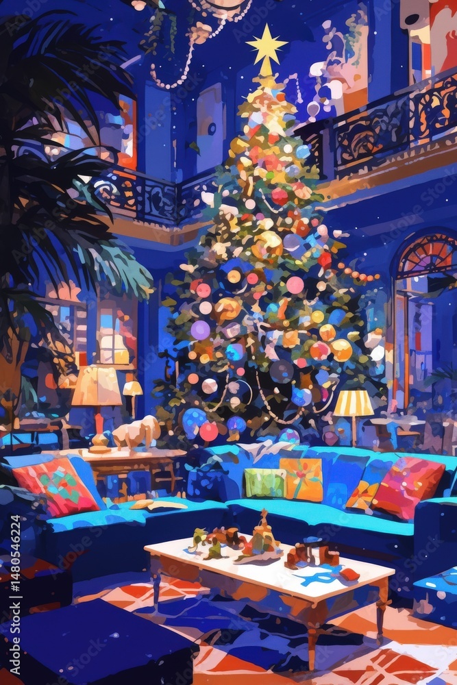 Fototapeta premium Festive interior with large decorated Christmas tree, teal sofas, and eclectic decor