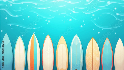 Vector illustration of multiple surfboards standing upright underwater with sunlight shining through the water surface.

