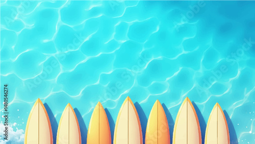Vector illustration of multiple surfboards standing upright underwater with sunlight shining through the water surface.

