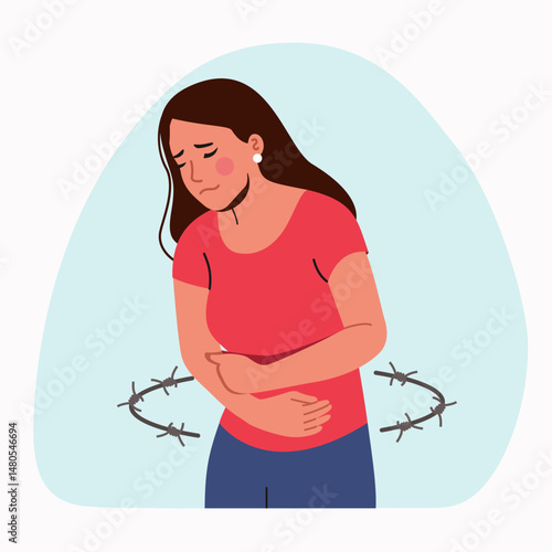 Young ill woman feel pain in stomach  isolated.Barbed wire around the woman. Vector flat style cartoon illustration