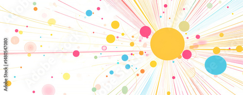 Abstract illustration featuring colorful circles and lines radiating from a central focal point on a white background