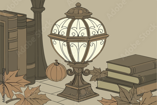 47 ornate vintage lamp,pumpkins,autumn leaves,antique books,detailed realistic,highly detailed,photorealistic,cinematic,dramatic lighting,cinematic style,intricate,elegant,warm tones