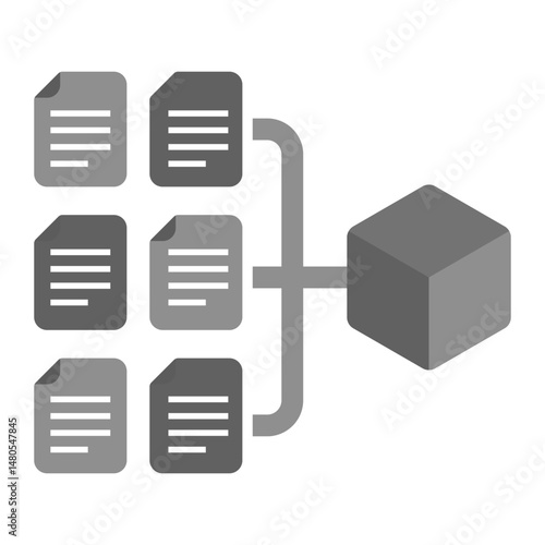 AI Language Model Icon. Multiple text documents feeding into a model block representing large language model training, NLP data input, and text processing AI.