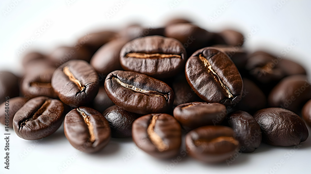 Closeup of Dark Roasted Coffee Beans on White Background Closeup of Dark Roasted Coffee Beans on White Background
