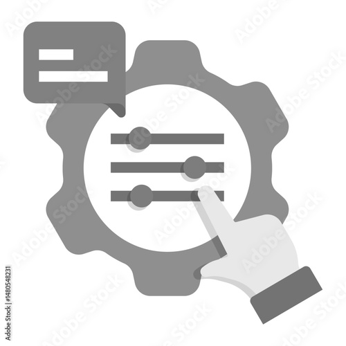 Model Tuning Icon. Gear with sliders and feedback bubble for machine learning configuration, AI parameter adjustment, and fine-tuning processes.