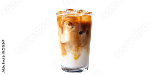 A refreshing iced latte in a clear glass with visible layers of milk coffee and ice cubes on black background