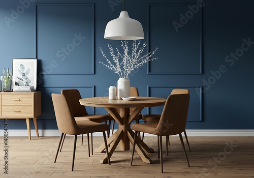 Dining room interior with round table and chairs against a blue wall with molding