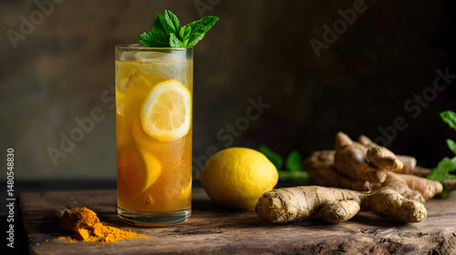 Vibrant Ginger Turmeric Drink in Tall Glass with Lemon and Mint on Wood (AI Image)