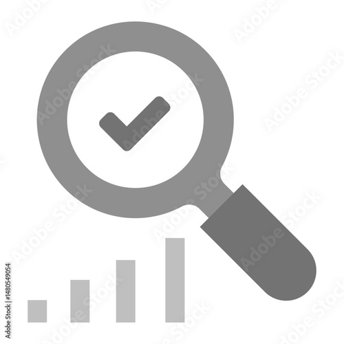 Proven Results Icon. Magnifying glass with checkmark and analytics bars for verified success and performance analysis.