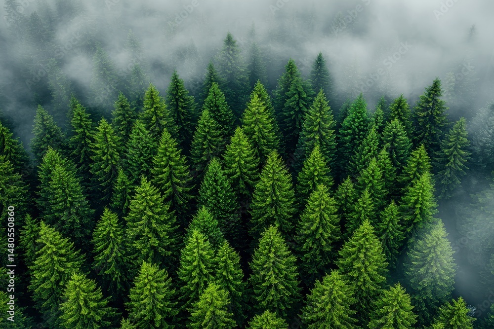 Fototapeta premium Lush Green Coniferous Forest Aerial View in Fog
