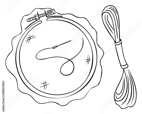 Hand drawn embroidery hoop with needle, thread and fabric in black and white outline. Concept of handmade craft, slow stitching and creative textile hobby