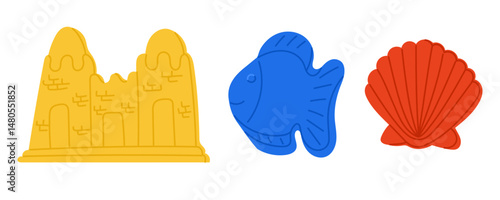 Hand drawn beach toys set including sandcastle mold, fish and seashell shapes in bright colors. Concept of summer playtime, seaside fun and childhood imagination