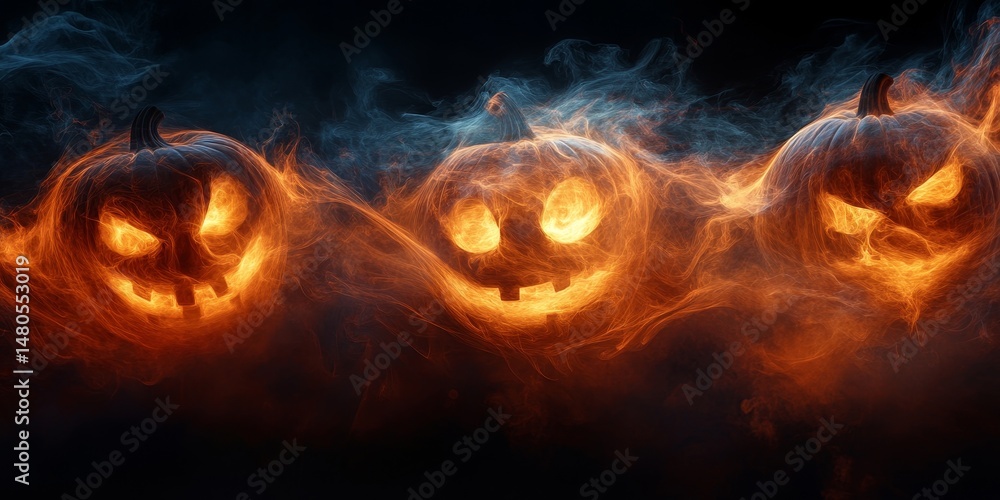 Spooky Halloween pumpkins emerge from the darkness, their carved faces illuminated by an eerie glow. The pumpkins, surrounded by mystic smoke, evoke a sense of playful fright. Spooky Halloween pumpkins emerge from the darkness, their carved faces illuminated by an eerie glow. The pumpkins, surrounded by mystic smoke, evoke a sense of playful fright.