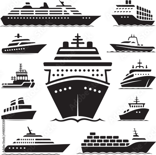 Silhouette of Shipping Vessels: This captivating image showcases an assortment of cargo ships. The stark silhouettes emphasize the sleekness of each vessel
