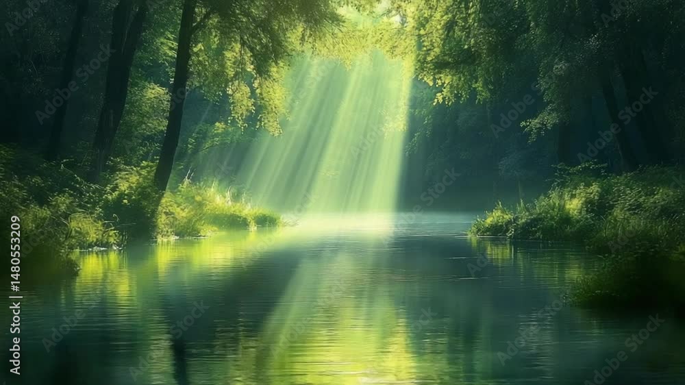 Sunbeams Illuminating a Serene Forest River Sunbeams Illuminating a Serene Forest River