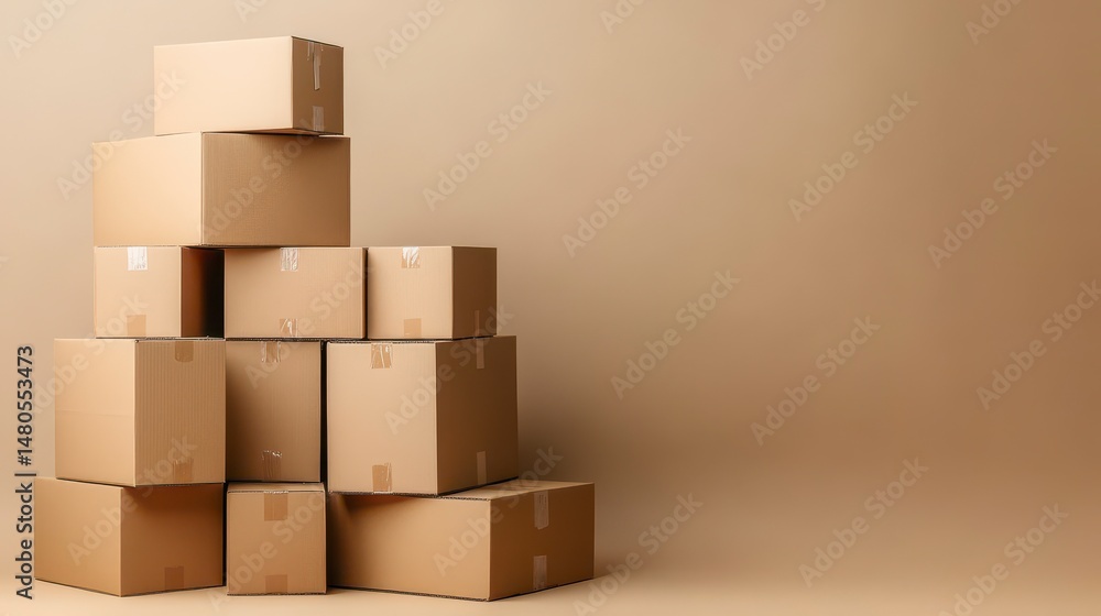 Fototapeta premium Stack of cardboard boxes on beige background.